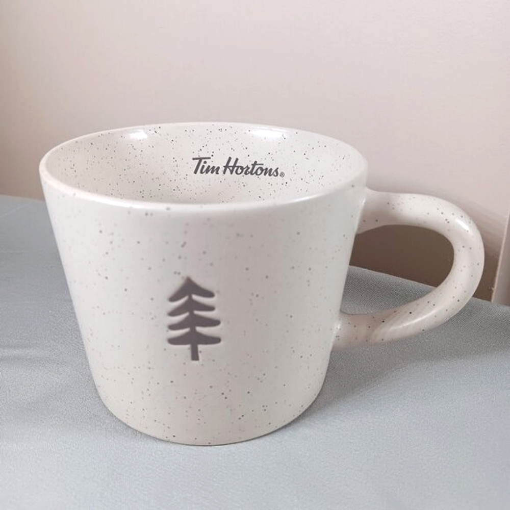 NWOT Tim Hortons Mug 14 Oz Tree Graphic Ceramic Collectible Cup Neutral Cream